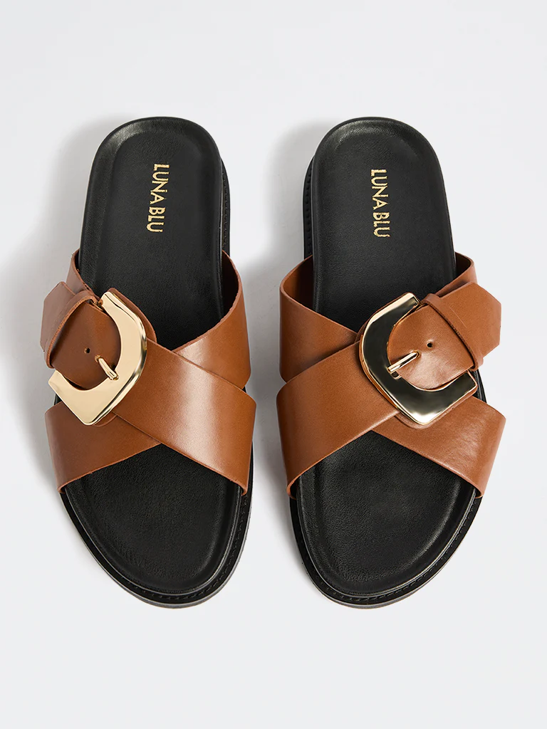 LUNA BLU Tan Buckle-Detailed Comfort Sandals - Image 3
