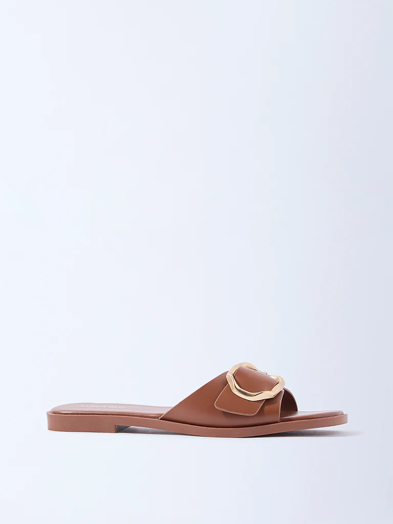 LUNA BLU Tan Buckle-Detailed Slides