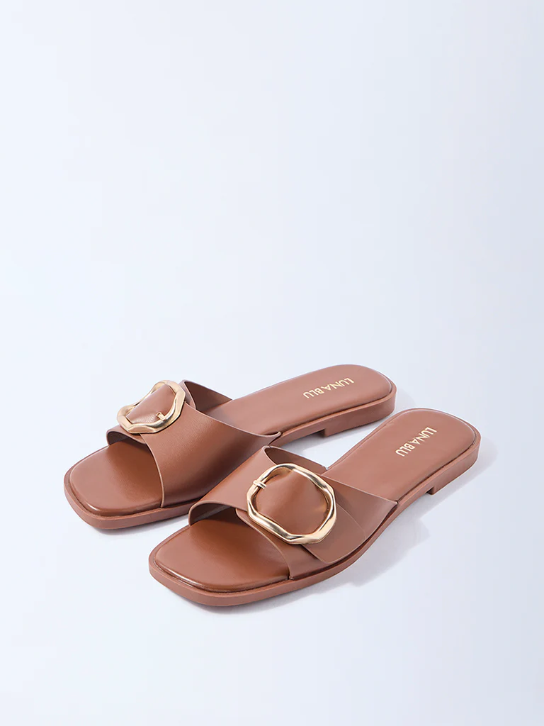 LUNA BLU Tan Buckle-Detailed Slides - Image 2
