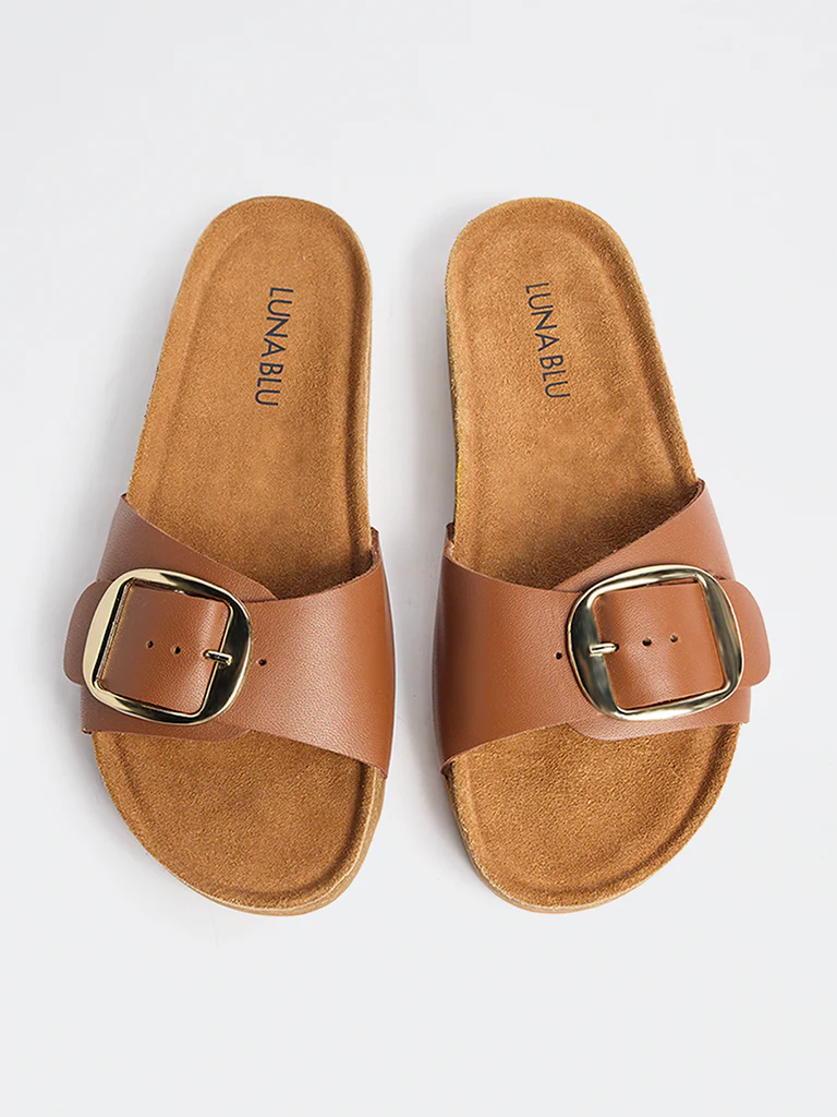 LUNA BLU Tan Buckle-Detailed Slides - Image 2