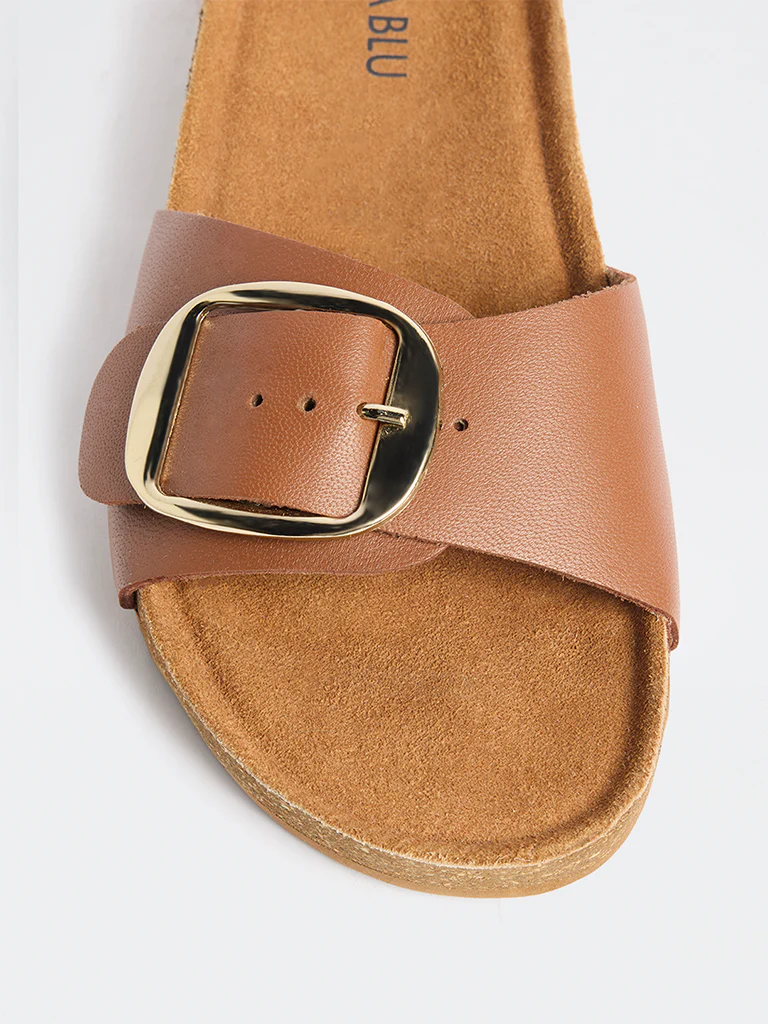 LUNA BLU Tan Buckle-Detailed Slides - Image 3