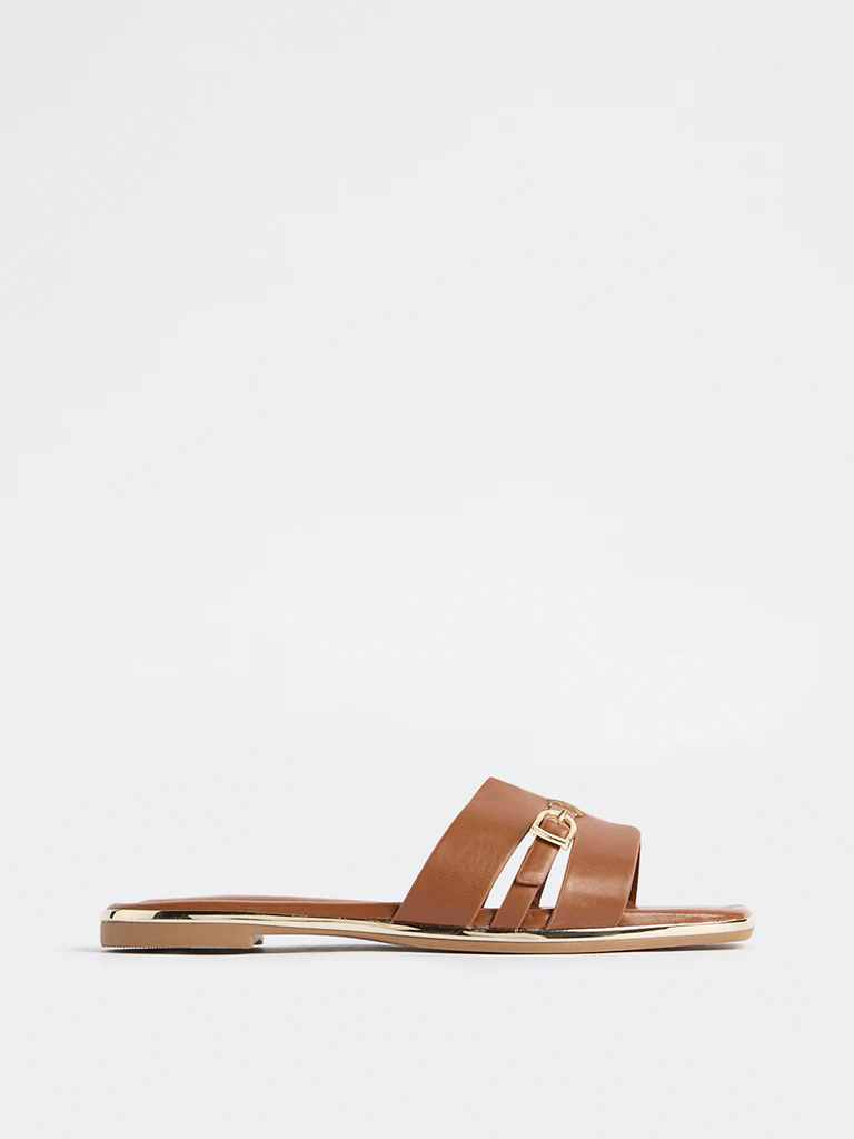 LUNA BLU Tan Buckle-Detailed Slides - Image 2