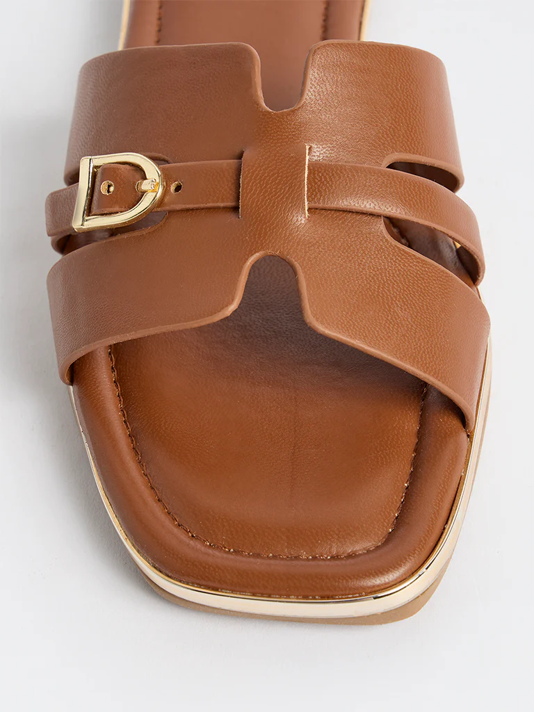 LUNA BLU Tan Buckle-Detailed Slides - Image 4