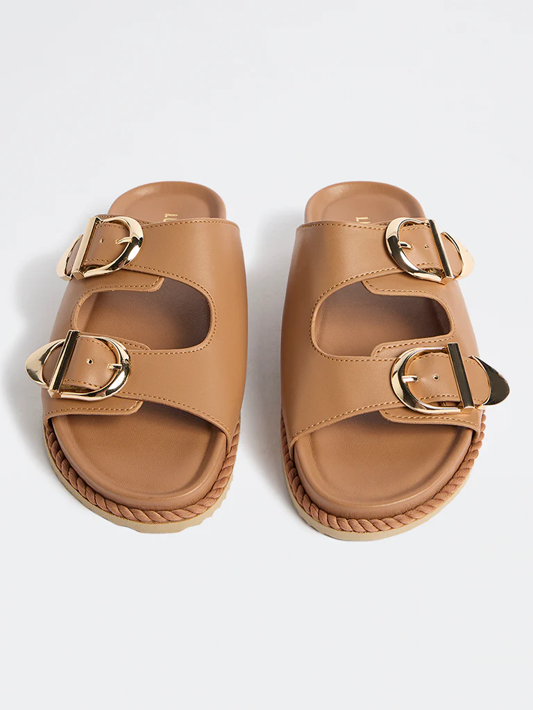 LUNA BLU Tan Buckle Detailed Slip-On Comfort Sandals - Image 2