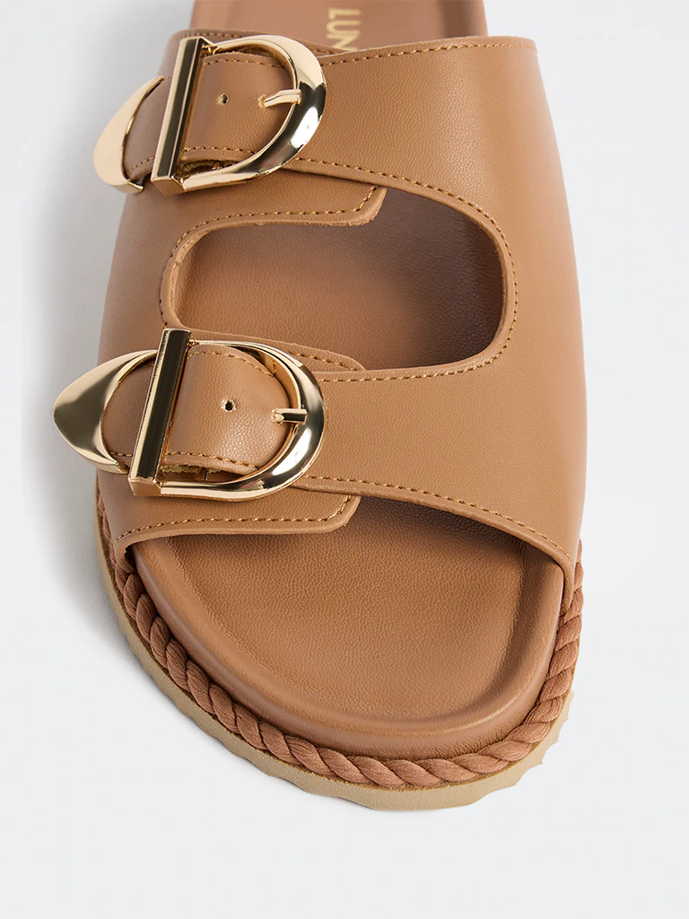 LUNA BLU Tan Buckle Detailed Slip-On Comfort Sandals - Image 3