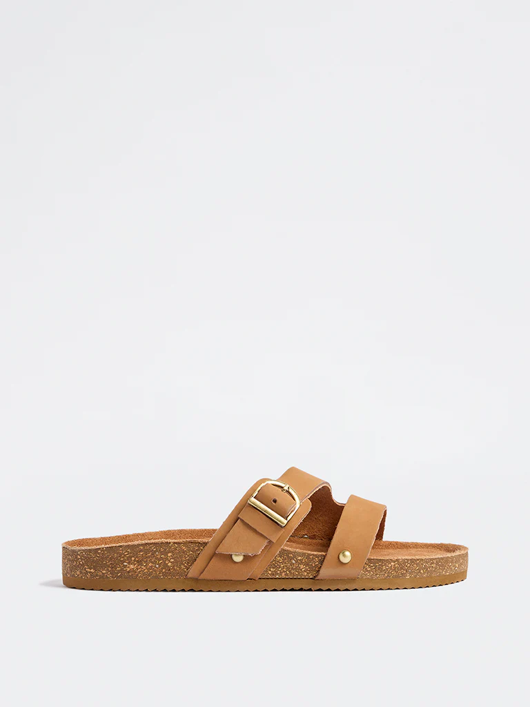 LUNA BLU Tan Buckle-Detailed Slip-On Sandals
