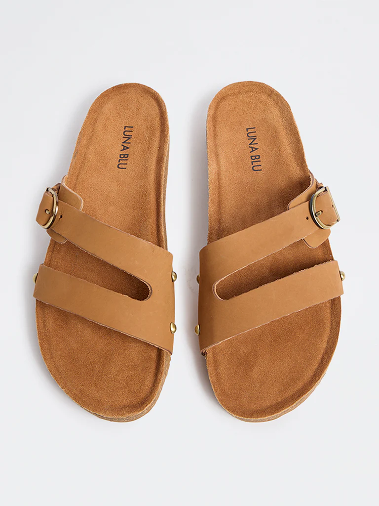 LUNA BLU Tan Buckle-Detailed Slip-On Sandals - Image 2