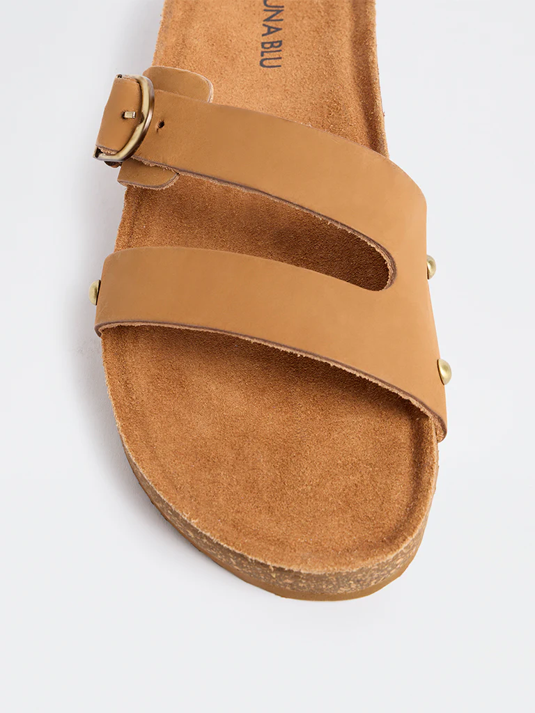 LUNA BLU Tan Buckle-Detailed Slip-On Sandals - Image 3