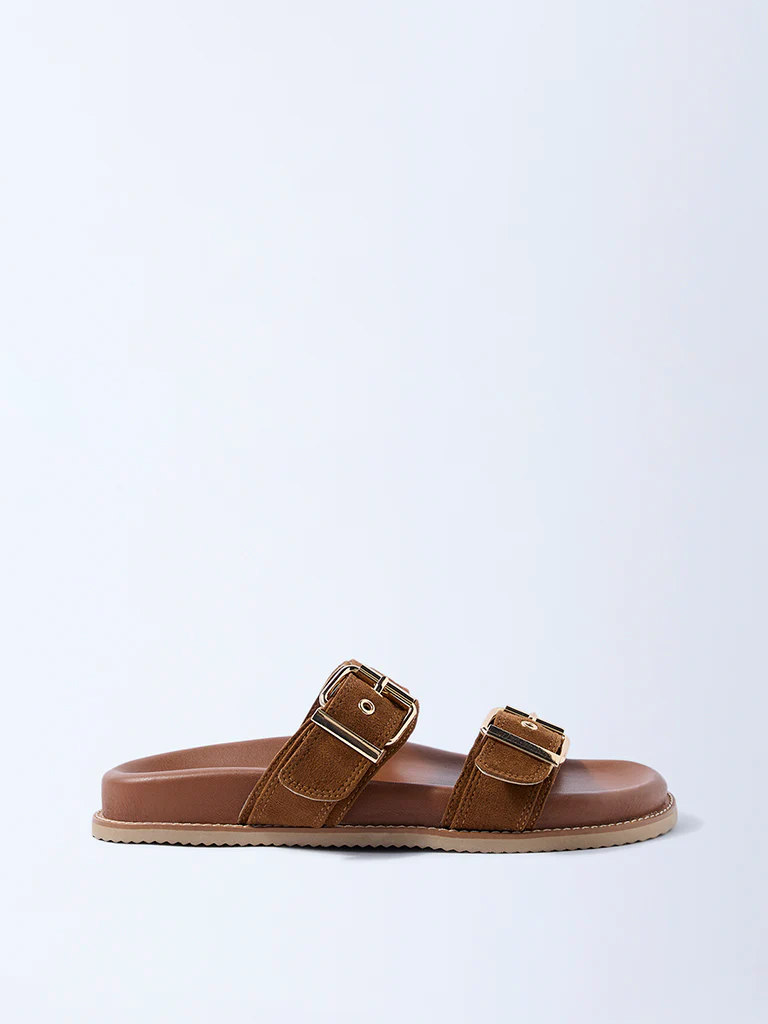 LUNA BLU Tan Buckled Slip-On Suede Comfort Sandals