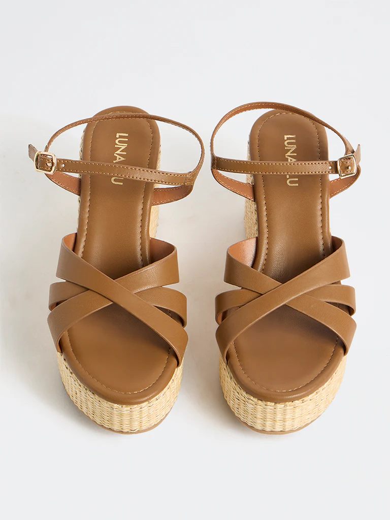 LUNA BLU Tan Cross-Strap Raffia Sandals - Image 3