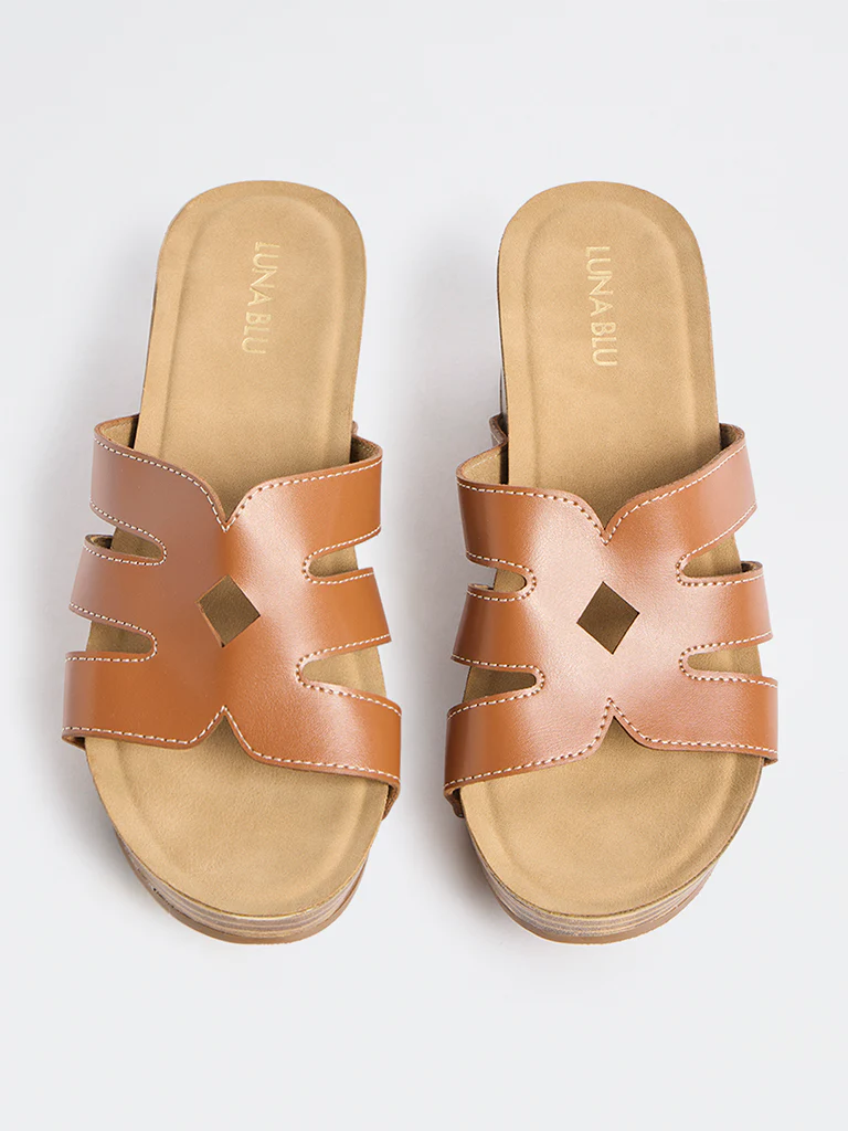 LUNA BLU Tan Cut-Out Detailed Wedge-Heel Sandals - Image 3