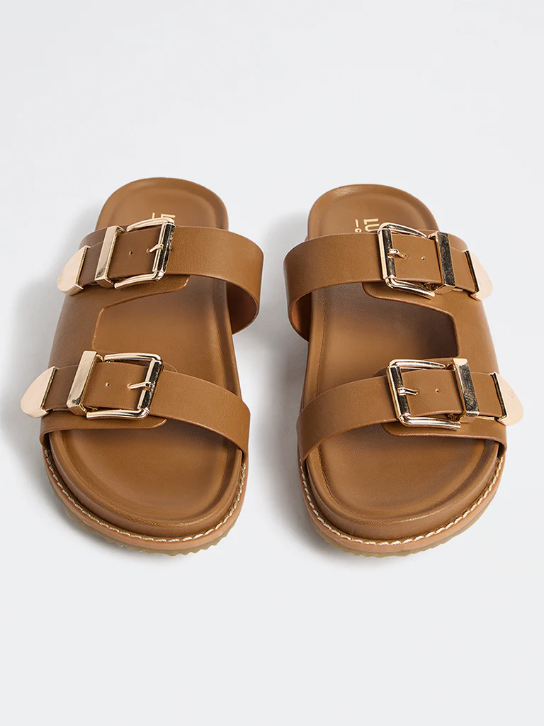 LUNA BLU Tan Dual-Strap Slip-On Comfort Sandals - Image 2