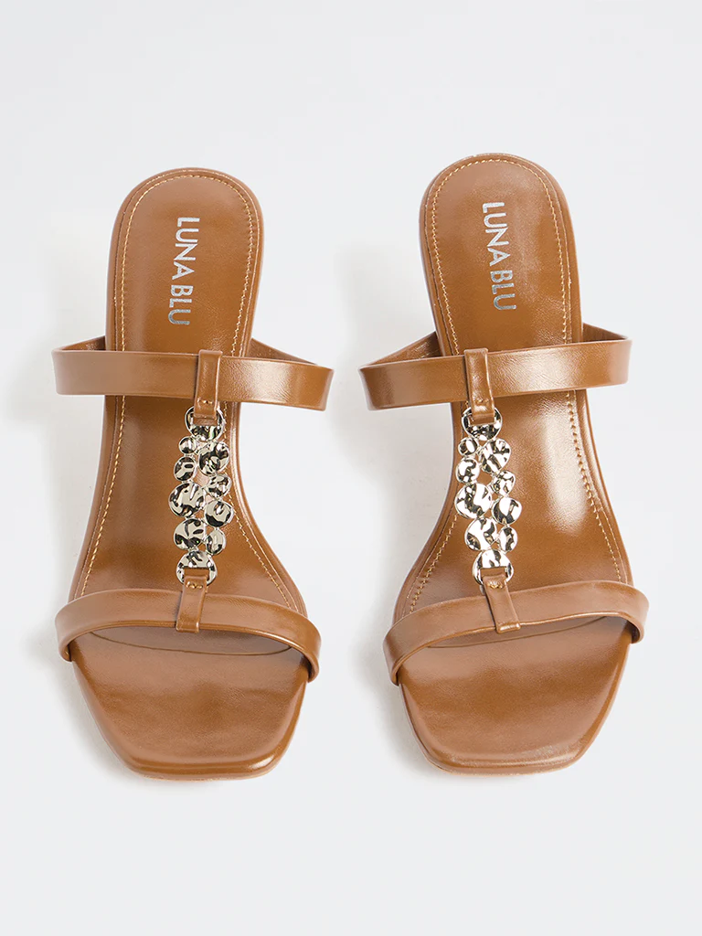 LUNA BLU Tan Embellished Strap Heel Sandals - Image 3