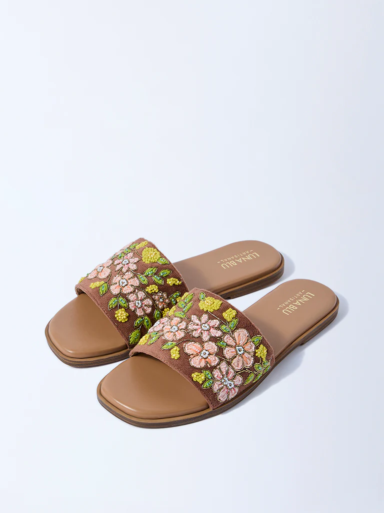 LUNA BLU Tan Floral Embroidered Slides - Image 2