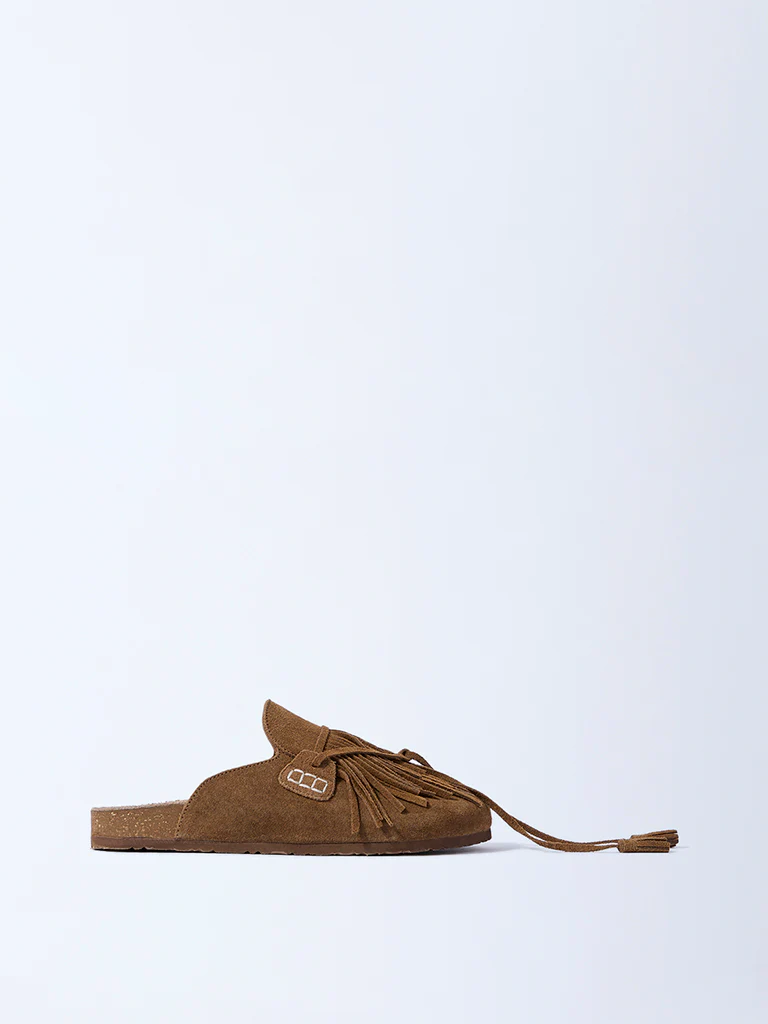 LUNA BLU Tan Fringe Detailed Suede Slip-On Shoes