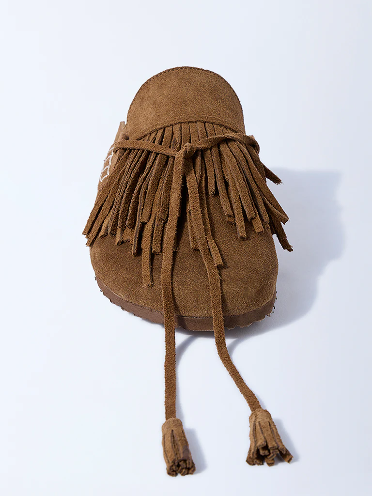 LUNA BLU Tan Fringe Detailed Suede Slip-On Shoes - Image 3