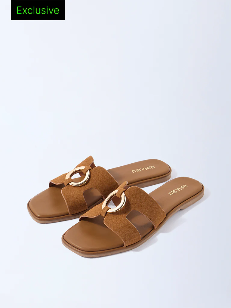 LUNA BLU Tan Hardware-Detailed Suede Slides - Exclusive