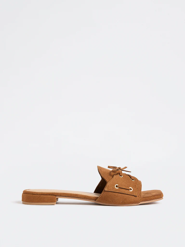 LUNA BLU Tan Lace-Detailed Suede Slides - Image 2