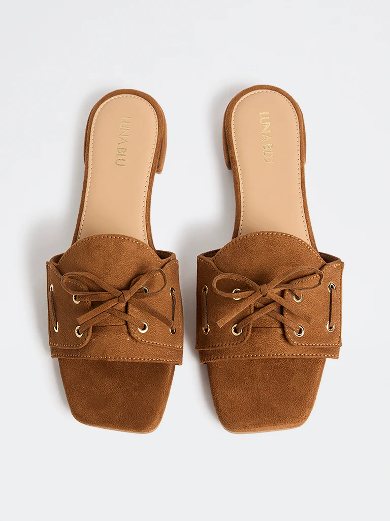 LUNA BLU Tan Lace-Detailed Suede Slides - Image 3