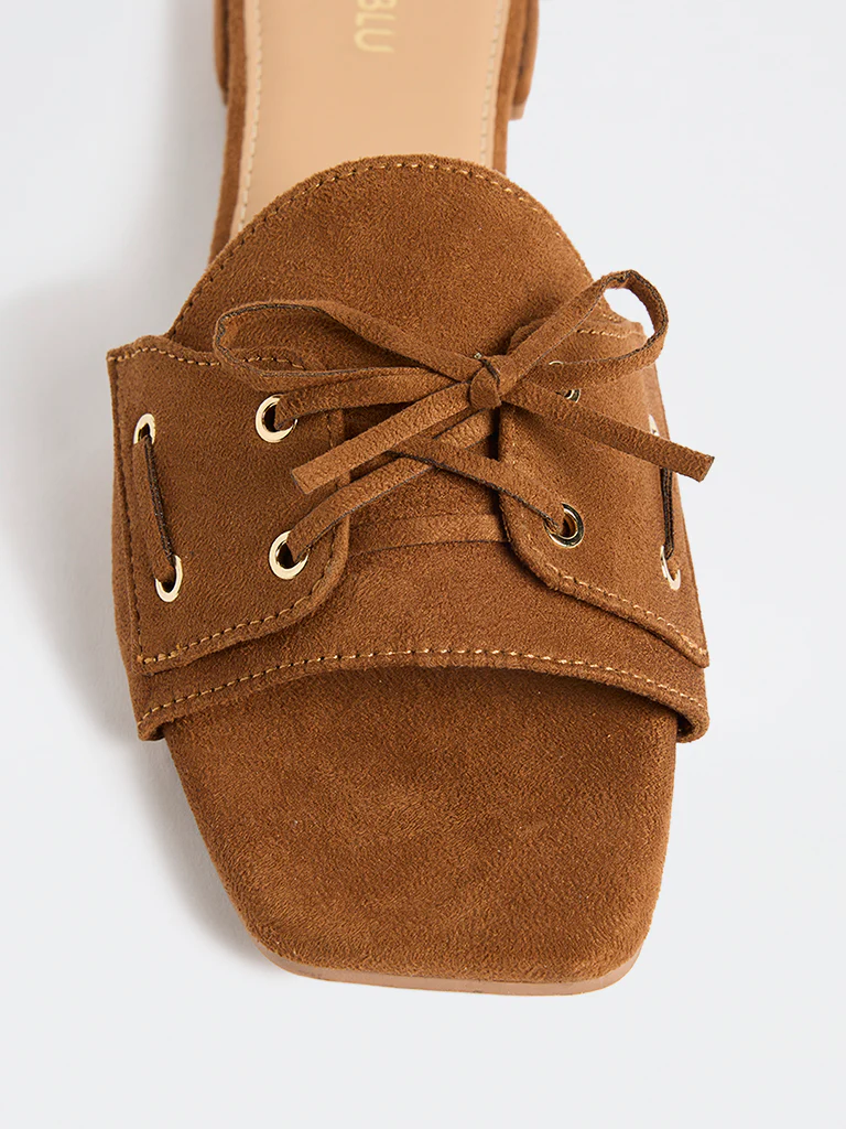 LUNA BLU Tan Lace-Detailed Suede Slides - Image 4
