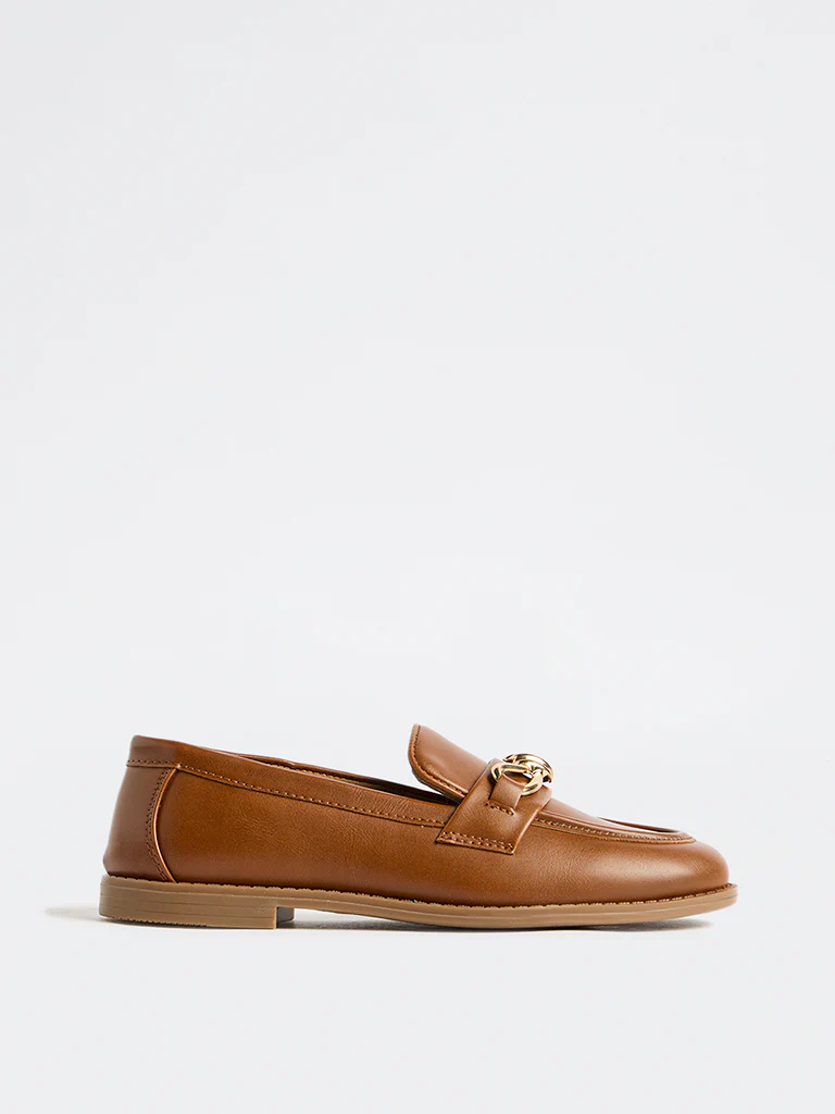 LUNA BLU Tan Metal-Detail Loafers - Image 4