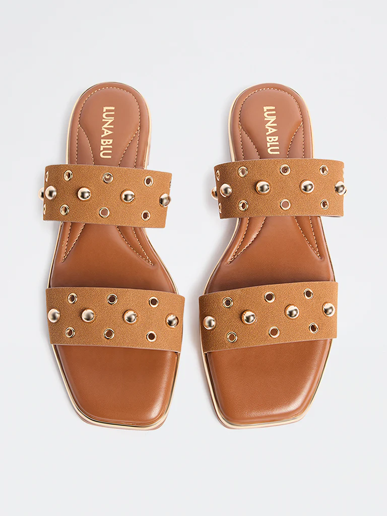 LUNA BLU Tan Metallic Detailed Slides - Image 2