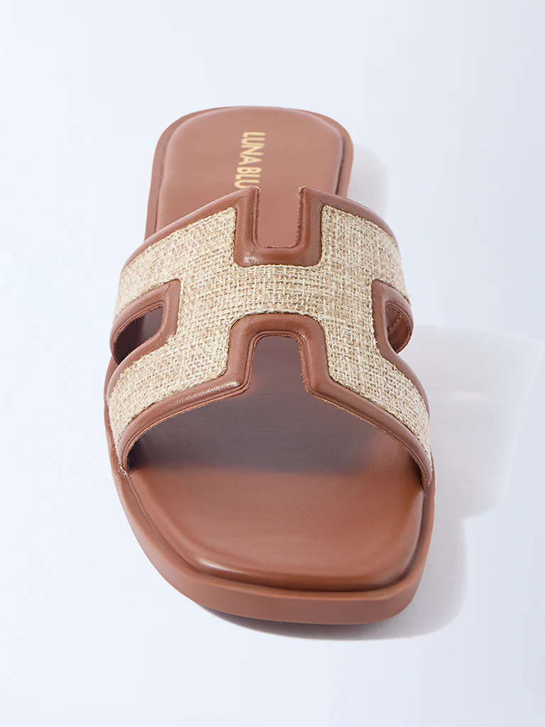LUNA BLU Tan Raffia-Textured Slides - Exclusive - Image 3