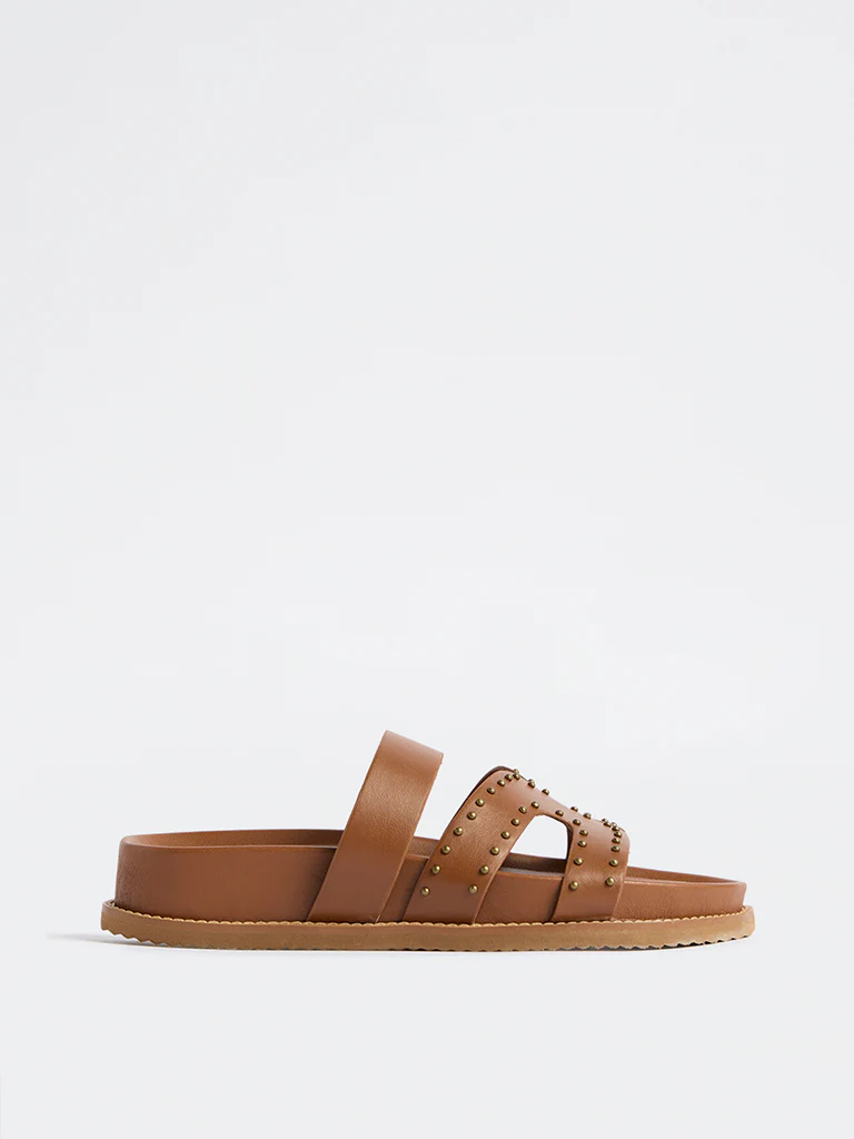 LUNA BLU Tan Stud Detailed Comfort Sandals - Image 3