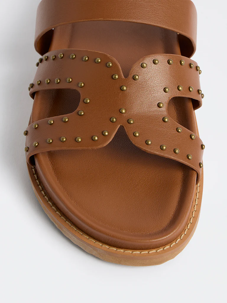LUNA BLU Tan Stud Detailed Comfort Sandals - Image 4