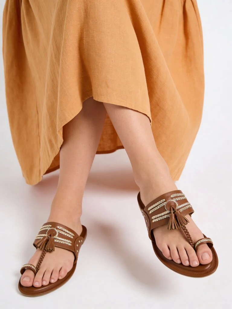 LUNA BLU Tan Tassel Detailed Kolhapuri Sandals