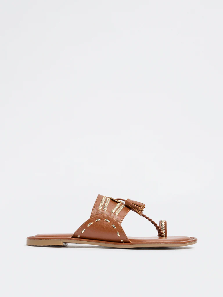 LUNA BLU Tan Tassel Detailed Kolhapuri Sandals - Image 2