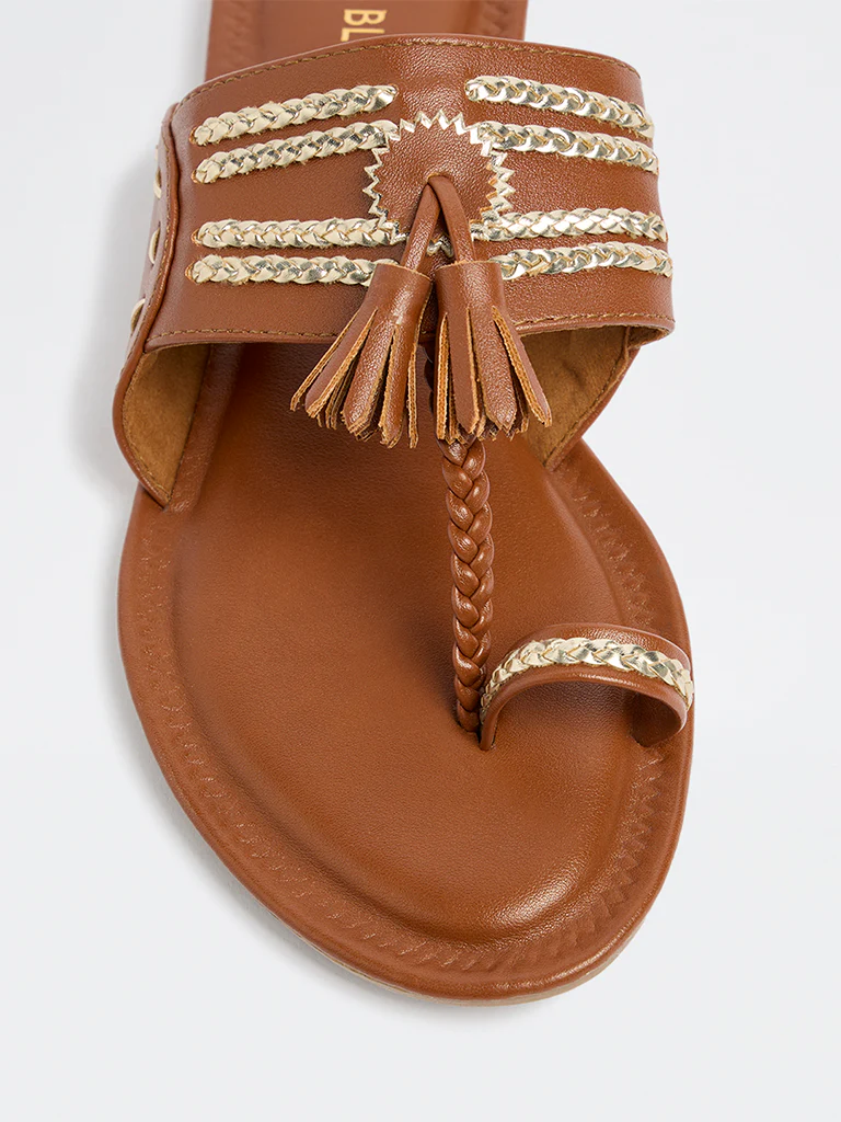 LUNA BLU Tan Tassel Detailed Kolhapuri Sandals - Image 4