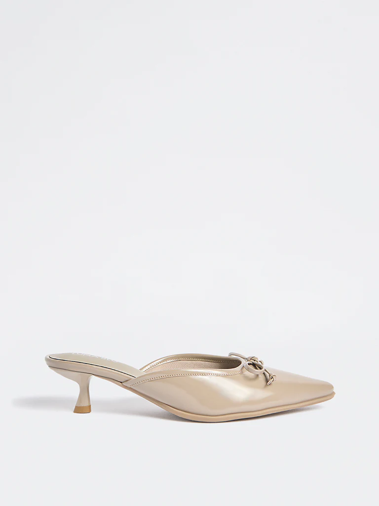 LUNA BLU Taupe Bow-Detailed Kitten Heel Mules - Image 2