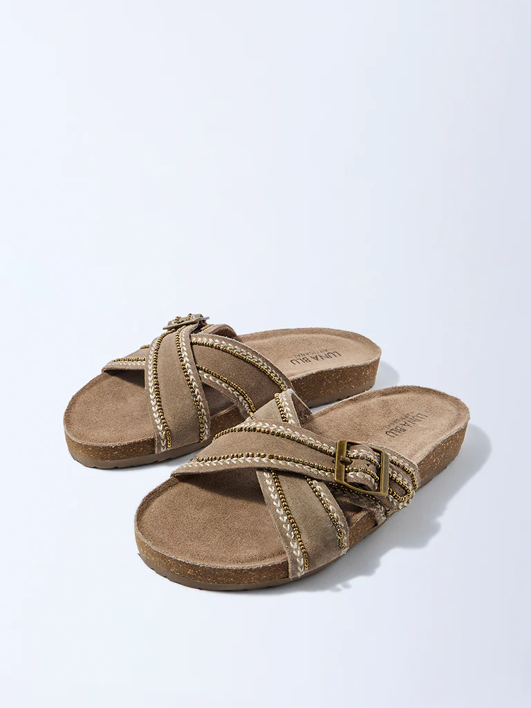 LUNA BLU Taupe Criss-Cross Suede Leather Sandals - Image 2