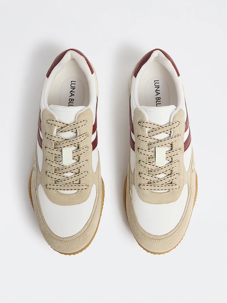 LUNA BLU Taupe Stripe-Detailed Lace-Up Sneakers - Image 2