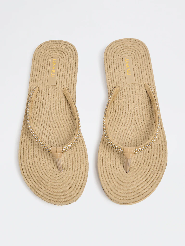 LUNA BLU Taupe Textured Embellished Slides - Image 2
