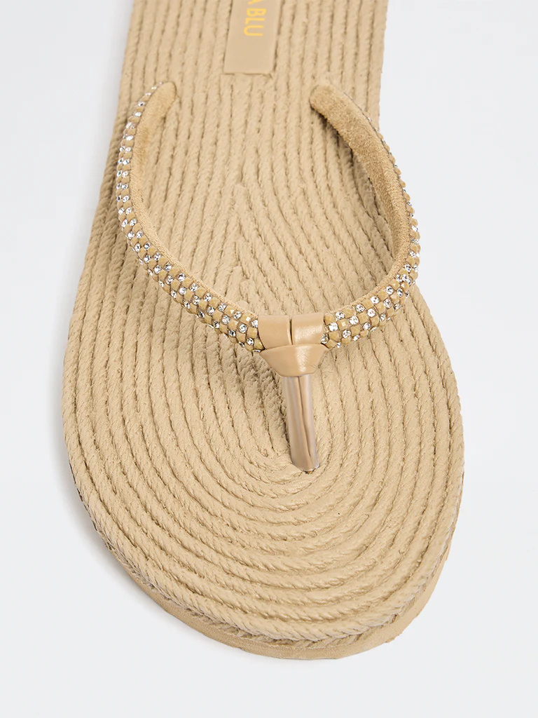 LUNA BLU Taupe Textured Embellished Slides - Image 3