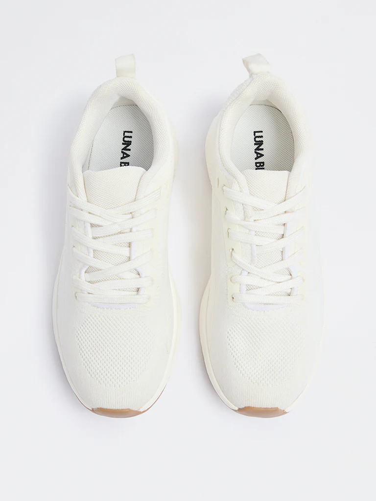 LUNA BLU White Knit-Textured Lace-Up Sneakers - Image 3