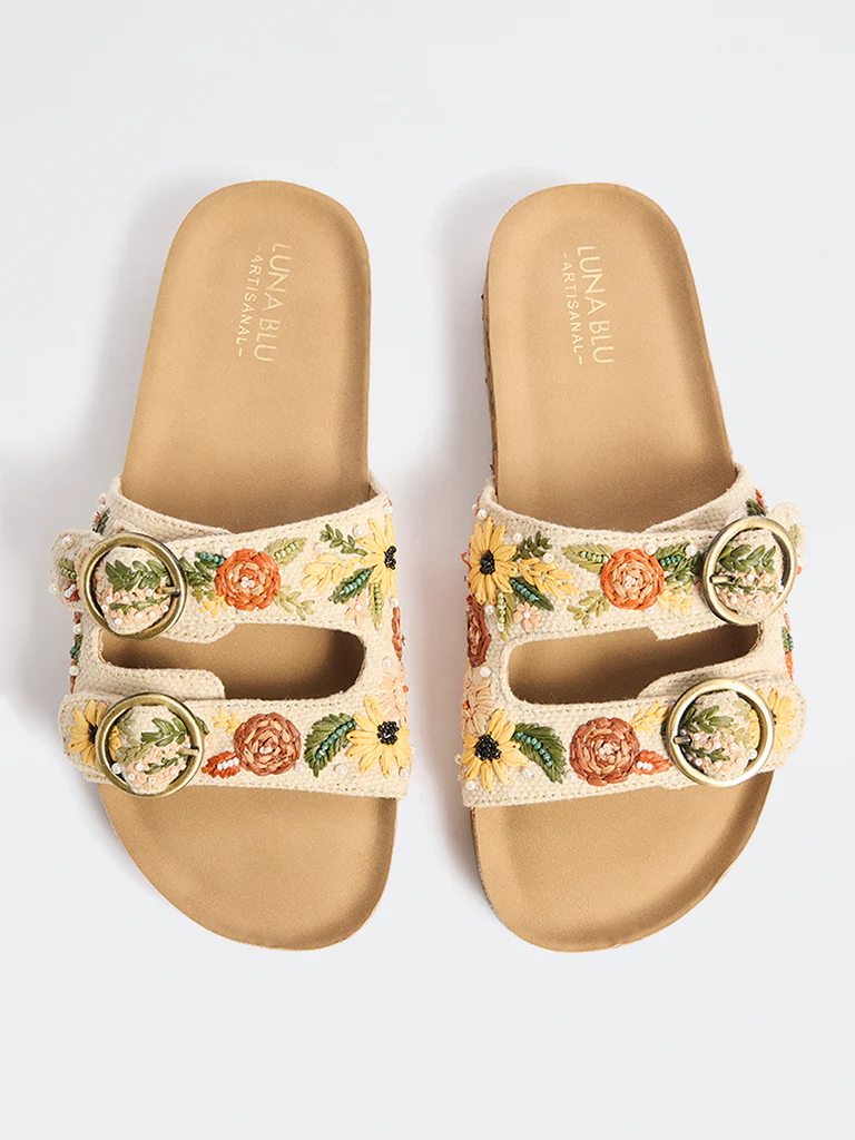 LUNA BLU Yellow Floral Embroidered Slip-On Sandals - Image 2