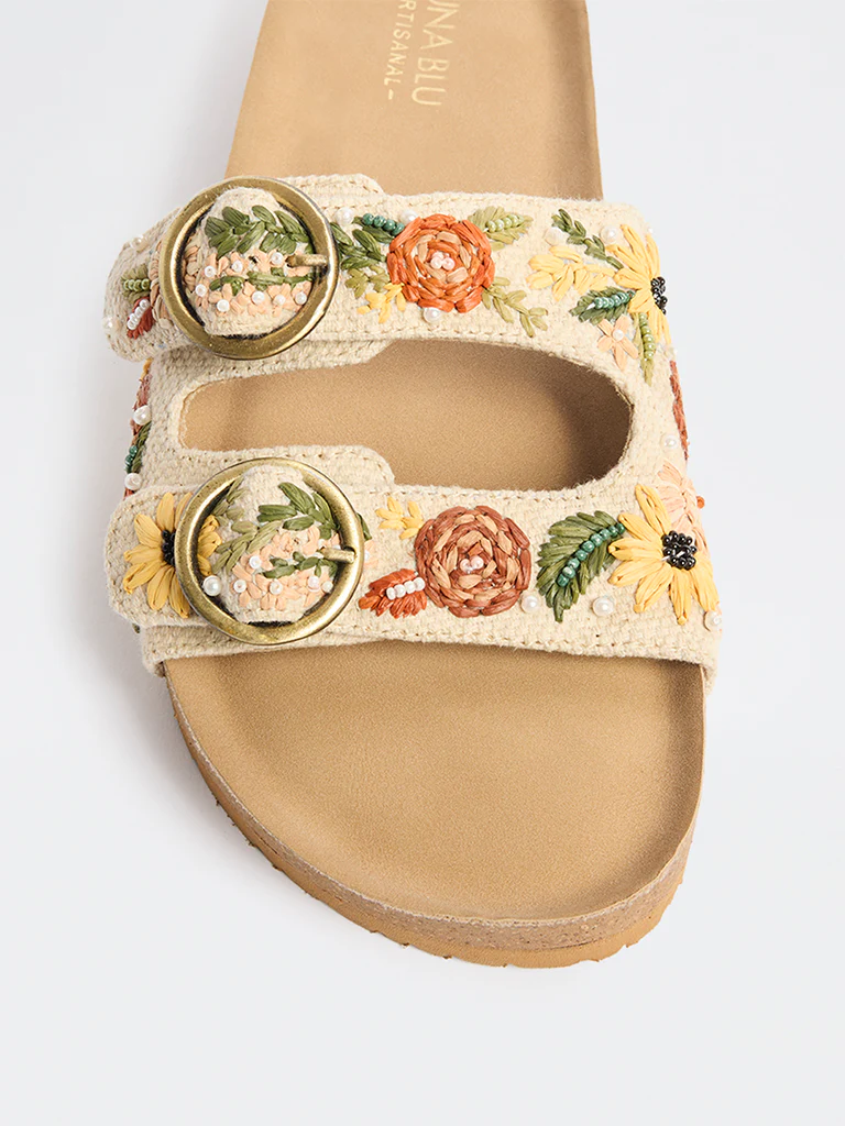 LUNA BLU Yellow Floral Embroidered Slip-On Sandals - Image 3