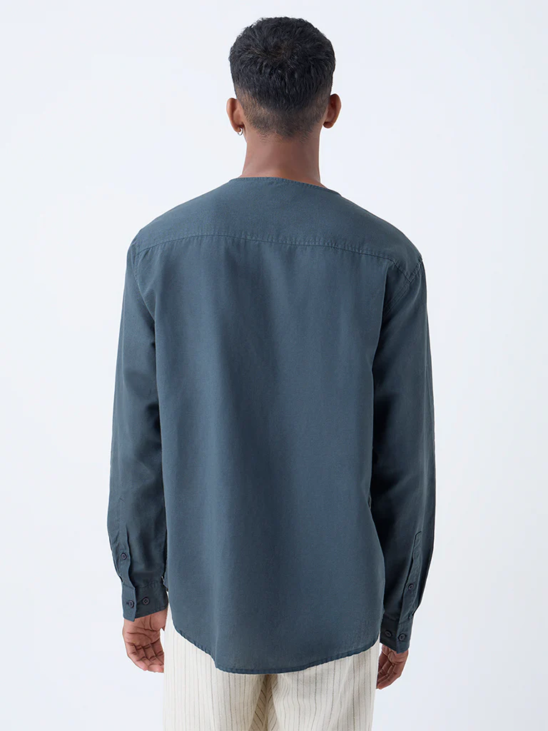 Mens Ethnicwear Dark Teal Relaxed-Fit Cotton-Blend Short Kurta - Image 4