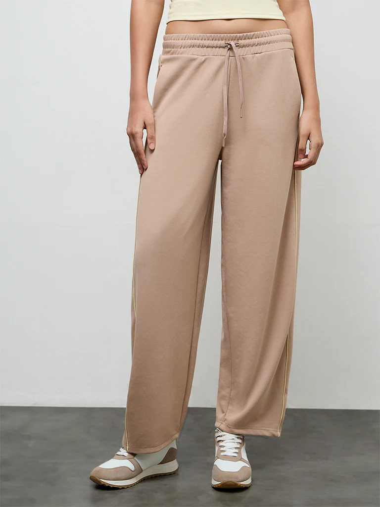 Nuoflexx Beige Pipeline-Detailed High-Rise Track Pants - Image 2