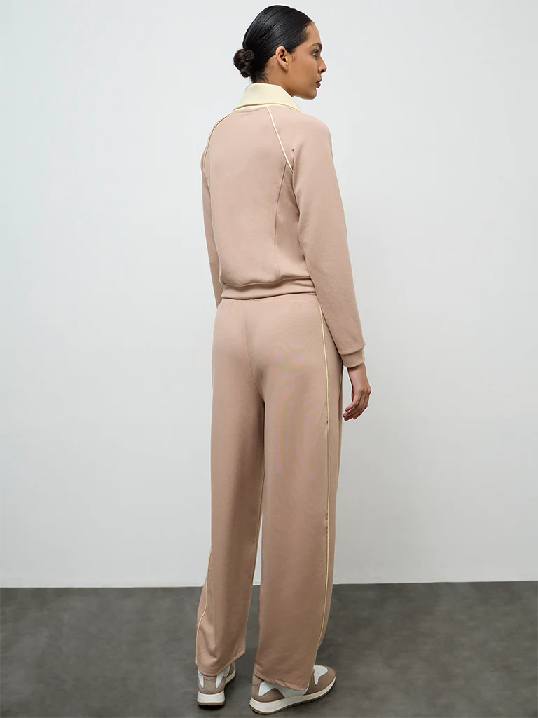 Nuoflexx Beige Pipeline-Detailed High-Rise Track Pants - Image 4