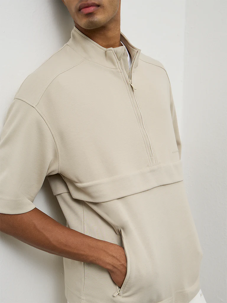 Nuoflexx Beige Relaxed-Fit Cotton-Blend Quarter-Zip Sweatshirt - Image 4