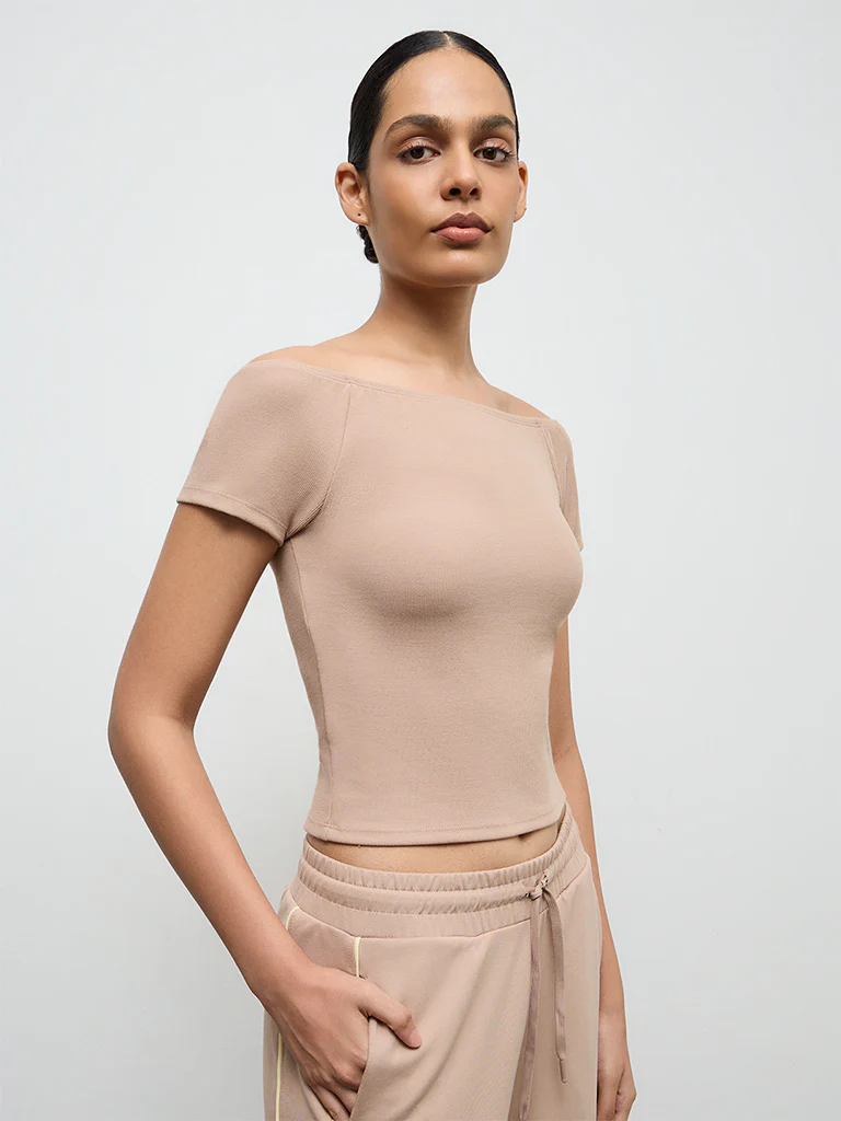 Nuoflexx Beige Ribbed Off-Shoulder Top