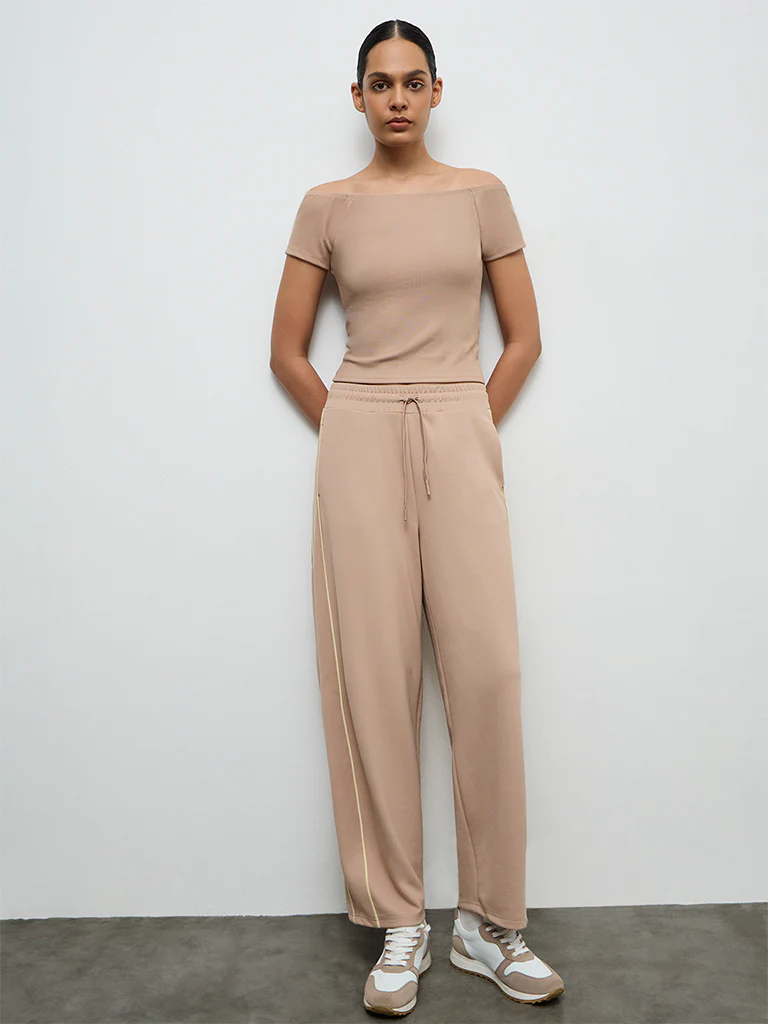 Nuoflexx Beige Ribbed Off-Shoulder Top - Image 2