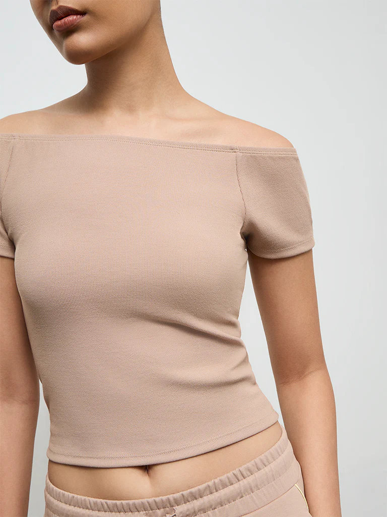 Nuoflexx Beige Ribbed Off-Shoulder Top - Image 3