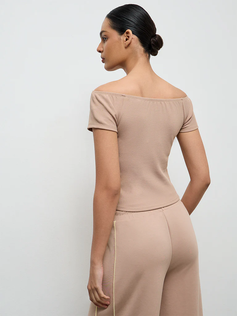 Nuoflexx Beige Ribbed Off-Shoulder Top - Image 4