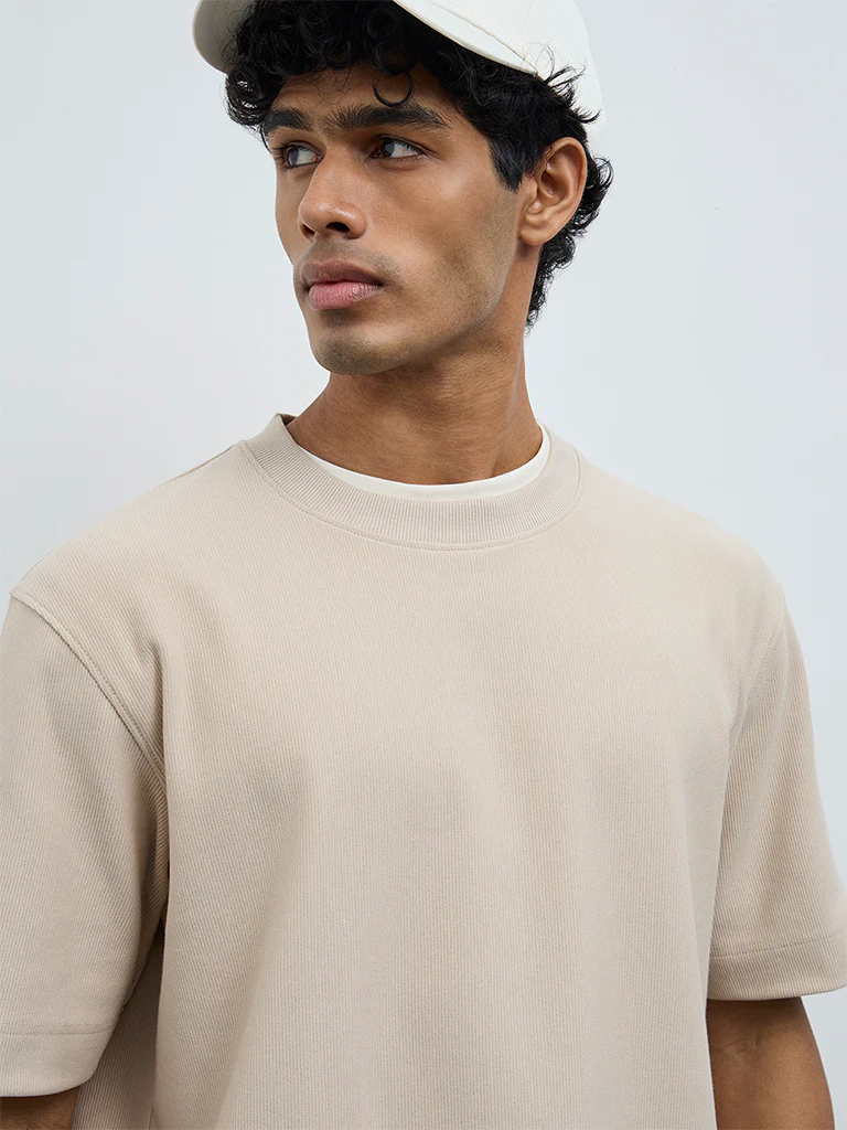 Nuoflexx Beige Ribbed Relaxed-Fit Cotton-Blend T-Shirt - Image 4