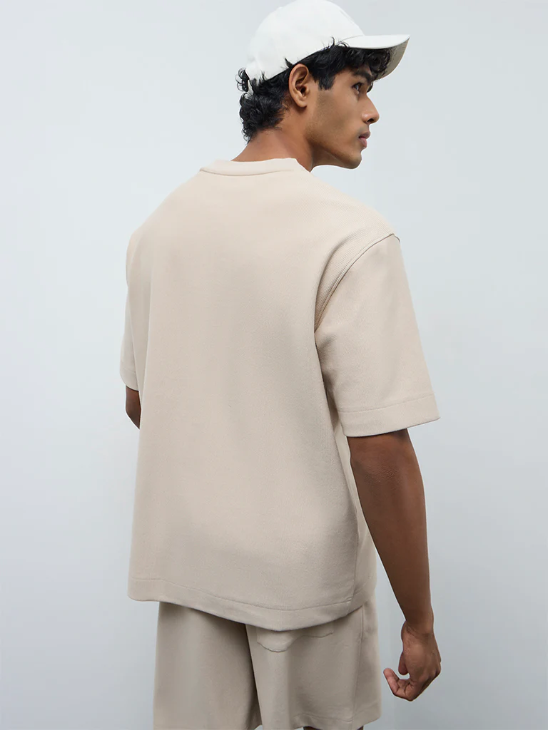 Nuoflexx Beige Ribbed Relaxed-Fit Cotton-Blend T-Shirt - Image 5